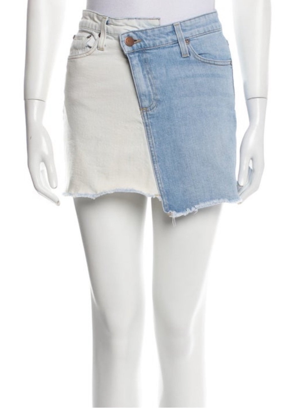 Alice + Olivia Two-Tone Raw-Edge Denim Mini Skirt in Light Blue & Off-White